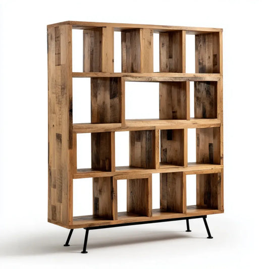 Bücherregal mit 16 offenen Fächern Naturbraun Schwarz 110 x 35 x 180 cm Altholz-Massivholz Rechteckig