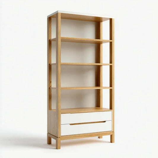 Bücherregal mit Schublade Natur Weiß 80 x 35 x 190 cm aus MDF mit Eichenfurnier Rechteckig