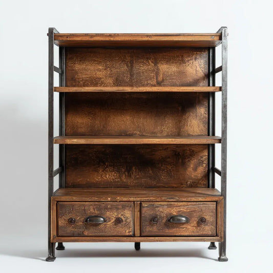 Bücherregal mit 2 Schubladen Braun Schwarz aus massivem Mangoholz und Stahl 80 x 35 x 140 cm