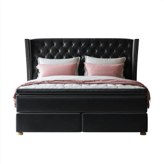 Boxspringbett Doppelbett Schwarz 180 x 200 cm mit PU-Kunstleder und gepolstertem Kopfteil